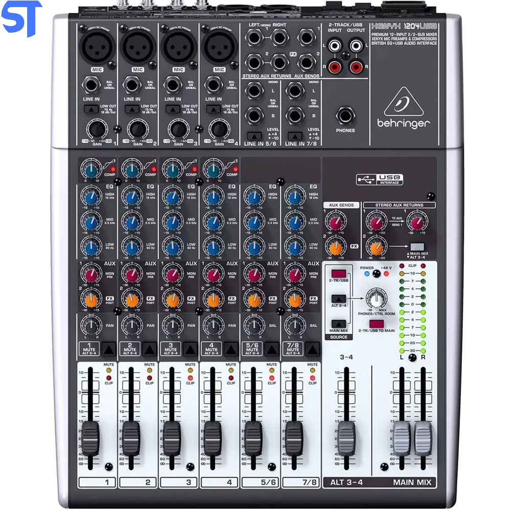 Mesa 4 canais XLR + 2 Estéreo USB Behringer XENYX 1204USB
